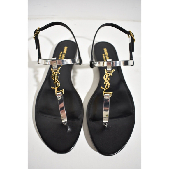 Saint Laurent YSL Logo Cassandra Iota 05 Silver Black Thong Slide Flat Sandal 38 - Picture 6 of 12